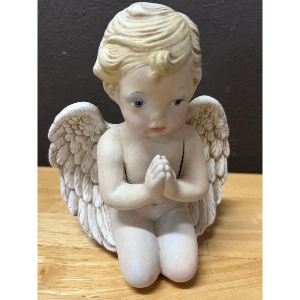 Vintage Praying Baby Cupid Angel Ceramic Figurine White Wings